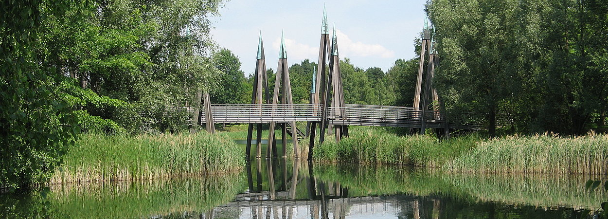 Hauptbrücke und Seerosen im Britzer Garten